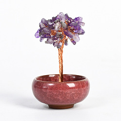 Amethyst Natural Amethyst Chips Tree Display Decorations, with Random Color Porcelain Bowls, Copper Wire Wrapped Feng Shui Ornament for Fortune, 66x100~110mm