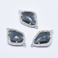 Black Brass Micro Pave Cubic Zirconia Links, with Glass, Faceted, teardrop, Platinum, Black, 27x18x4.5mm, Hole: 1.4mm