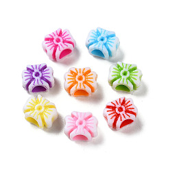 Mixed Color Opaque Acrylic European Beads, Craft Style, Large Hole Beads, Square with Flower Pattern, Mixed Color, 10x11.5x7mm, Hole: 5.5mm, about 1000pcs/500g