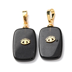 Обсидиан Природные подвески обсидиана, с латунной фурнитурой и 304 кабошонами из нержавеющей стали, золотые, прямоугольник с подвесками в виде глаз, 23~23.5x13~13.5x4~5 мм, отверстие : 7.5x4 мм