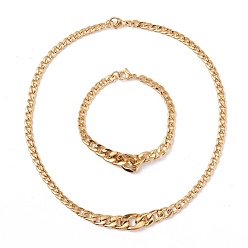 Golden Men's Vacuum Plating 304 Stainless Steel Graduated Cuban Link Chain Necklaces & Bracelets Jewelry Sets, Golden, 16-3/4 inch(42.5cm), 7-3/4 inch(19.6cm), 2pcs/set