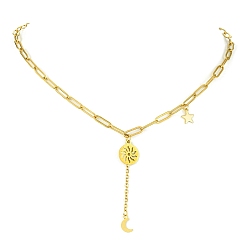 Golden 304 Stainless Steel Lariat Necklaces, Sun & Moon & Star Pendant Necklace with Paperclip Chains, Golden, 17.91 inch(45.5cm)