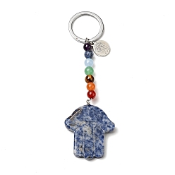 Sodalite Natural Sodalite Chakra Keychain, with Iron Split Key Rings and Flat Round Alloy Charms, Hamsa Hand, 11.5cm