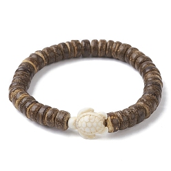 Wood Natural Coconut Disc & Synthetic Turquoise Turtle Beaded Stretch Bracelet for Women, Inner Diameter: 2-1/8 inch(5.5cm)