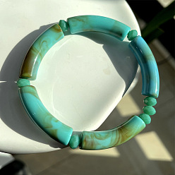 Medium Turquoise Acrylic Curved Tube Beaded Stretch Bracelet, Imitation Gemstone Jewelry for Women, Medium Turquoise