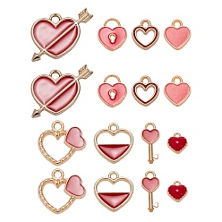 Red 80Pcs 8 Styles Light Gold Alloy Enamel Pendants, for Valentine's Day, Heart, Heart Key, Red, 8~18x7~18x1.5~3mm, Hole: 1.6~2mm, 10pcs/style 