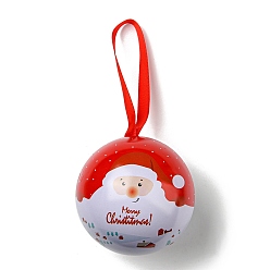 Santa Claus Boîtes de faveur de stockage de bonbons de boule ronde de fer blanc, coffret cadeau boule suspendue en métal de noël, le père noël, 16x6.8 cm