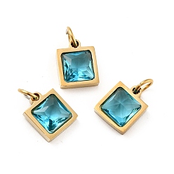 Dark Turquoise Vacuum Plating 304 Stainless Steel Pendants, with Cubic Zirconia and Jump Rings, Single Stone Charms, Square, Golden, Dark Turquoise, 9.5x8x3.5mm, Hole: 3.4mm