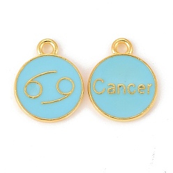 Cancer Alloy Enamel Pendants, Flat Round with Constellation/Zodiac Sign, Golden, Sky Blue, Cancer, 15x12x2mm, Hole: 1.5mm