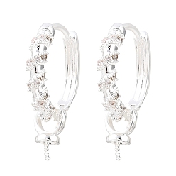 Silver Brass Micro Pave Clear Cubic Zirconia Huggie Hoop Earring Findings, for Half Drilled Beads, Rack Plating, Long-lasting Plated, Silver, 20x16x3mm, Pin: 0.7mm