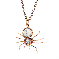 Howlite Synthetic Howlite Spider Pendant Necklaces, with Red Copper Brass Chains, 20.87 inch(53cm)