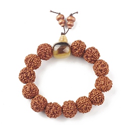 Coconut Brown Mala Beads Bracelet, Round Natural Rudraksha Beaded Stretch Bracelet for Women, with Plastic Beads, Coconut Brown, Inner Diameter: 2-5/8 inch(6.6~6.8cm)