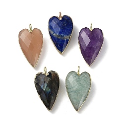 Mixed Stone Natural Mixed Stone Pendants, Faceted Heart Charms, with Golden Plated Brass Edge Loops, 22.5x13x7.5mm, Hole: 3mm