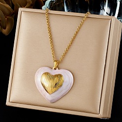 Golden 304 Stainless Steel Enamel Pink Heart Pendant Necklaces for Women, Golden, 15.39 inch(39.1cm)