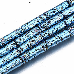 Steel Blue Electroplated Natural Lava Rock Beads Strands, Column, Bumpy, Steel Blue, 13x4mm, Hole: 1mm, about 29~30pcs/strand, 15.16 inch~15.75 inch(38.5cm~40cm)