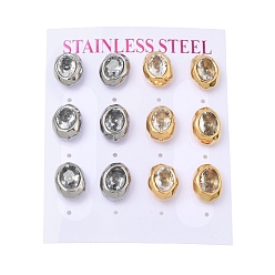 Clear 6 Pairs 304 Stainless Steel Pave Cubic Zirconia Stud Earrings, Oval, PVD Vacuum Plating, Golden & Stainless Steel Color, Clear, 12.5x10mm
