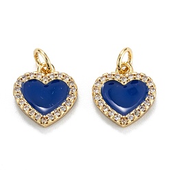 Midnight Blue Brass Micro Pave Clear Cubic Zirconia Pendants, with Enamel, Real 18K Gold Plated, Long-Lasting Plated, Heart, Midnight Blue, 12x11x2mm, Hole: 3.2mm