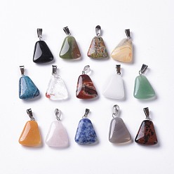 Mixed Stone Trapezoid Natural Mixed Gemstone Pendants, with Stainless Steel Bails, Stainless Steel Color, 25x17x6mm, Hole: 8x4mm
