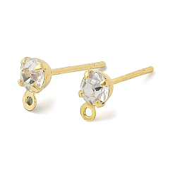Golden Brass Stud Earring Findings, with Rhinestone and 925 Sterling Silver Pin, with Horizontal Loops, Golden, 6.5x4mm, Hole: 1mm, Pin: 9x0.8mm