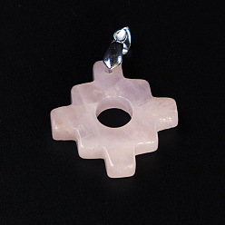 Rose Quartz Natural Rose Quartz Geometric Pendants, Cross Charms with Platinum Plated Matel Snap on Bails, 30x30x5mm