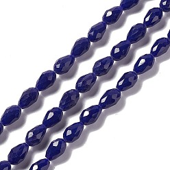 Dark Blue Faceted Glass Beads Strands, Teardrop, Dark Blue, 12x8~9mm, Hole: 1.2mm, about 57pcs/strand, 23.74''(60.3cm)