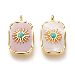 Natural Turquoise Natural Pink Shell Pendants, with Natural Turquoise and Brass Findings, Long-Lasting Plated, Real 18K Gold Plated, Rectangle with Sun, 27x16.8x6mm, Hole: 3mm