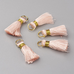 Pink Nylon Tassel Pendant Decoration, with Brass Findings, Golden, Pink, 23~27x5mm, Hole: 4mm