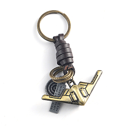Airplane Punk Style Woven Cow Leather Alloy Pendant Keychain, for Car Key Pendant, Antique Bronze, Plane Pattern, 1cm