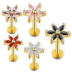 Средняя Орхидея 304 лабреты из нержавеющей стали с кубическим цирконием без резьбы, цветок, золотые, средне орхидеи, 8 мм, штифты : 1.2 мм