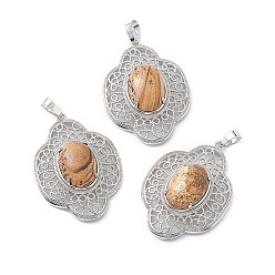 Пейзажный Джаспер Естественного изображения яшмы подвески, , латунная фурнитура с платиновым покрытием, 44x32x10 мм, отверстие : 8x5 мм