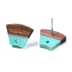 Dark Turquoise Opaque Resin & Walnut Wood Stud Earring Findings, with 304 Stainless Steel Pin and Hole, Two Tone, Trapezoid, Dark Turquoise, 12.5x15mm, Hole: 1.8mm, Pin: 0.7mm