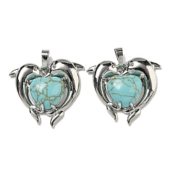 Бирюза Подвески в форме сердца из синтетической бирюзы, латунные подвески в виде дельфинов, платина, без кадмия и без свинца, 29x32.5x8.5 мм, отверстие : 8x5 мм
