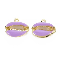 Lilac Rack Plating Alloy Pendants, with Enamel, Cadmium Free & Lead Free, Cowrie Shell, Light Gold, Lilac, 16.5x19x5.5mm, Hole: 1.6mm