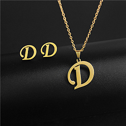 Letter D Golden Stainless Steel Initial Letter Jewelry Set, Stud Earrings & Pendant Necklaces, Letter D, No Size