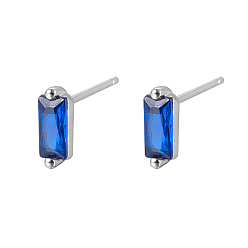 Blue Cubic Zirconia Rectangle Stud Earrings, Silver 925 Sterling Silver Post Earrings, with 925 Stamp, Blue, 7.8x3mm