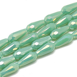Medium Aquamarine Electroplate Opaque Solid Color Glass Beads Strands, Faceted Teardrop, Medium Aquamarine, 9~9.5x4mm, Hole: 1mm, about 72pcs/strand, 25.98 inch