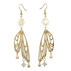 Golden Sun & Butterfly Brass Chandelier Earrings, Cubic Zirconia Long Drop Earrings, Golden, 91x20mm