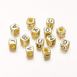 Gold Cube Acrylic Beads, Horizontal Hole, Golden, Mixed Letters, about 6mm in diameter, hole: 3mm, about 2500pcs/500g