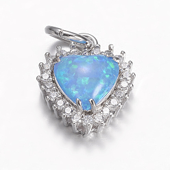 Light Sky Blue Brass Micro Pave Cubic Zirconia Charms, with Synthetic Opal, Heart, Platinum, Light Sky Blue, 14x11.5x5mm, Hole: 4mm