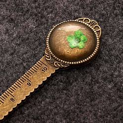 Lime Alloy Ruler Bookmark, Glass Cabochon Bookmark with Dried Narcissu Flower Inside, Lime, 120mm