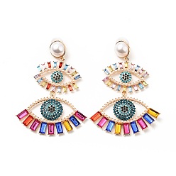 Colorful Rhinestone Double Evil Eye Dangle Stud Earrings with Acrylic Pearl Beaded, Light Gold Plated Alloy Long Drop Earrings for Women, Colorful, 91.5mm, Pin: 0.7mm
