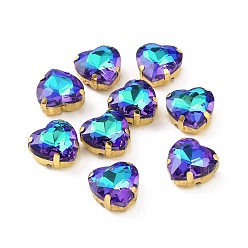 Бермудские Голубой Сердце пришить стразами, граненый стеклянный горный хрусталь, многожильных ссылки, с оправой из латуни золотистого цвета со стразами, Бермуды синий, 12x12x6 мм, отверстие : 1 мм