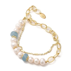 Real 14K Gold Plated Natural Aquamarine & Pearl Beaded Bracelets, with Brass Chains, Real 14K Gold Plated, 5-7/8 inch(15cm)