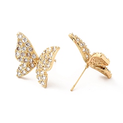 Real 18K Gold Plated Clear Cubic Zirconia Butterfly Stud Earrings, Brass Jewelry for Women, Lead Free & Cadmium Free & Nickel Free, Real 18K Gold Plated, 18x19.5mm, Pin: 0.7mm