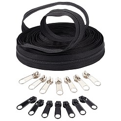 Black Garment Accessories, Zip-Fastener Component Sets, Nylon Zipper & Zipper Puller, Black, 26x2mm, about 10yard