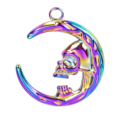 Rainbow Color Stainless Steel Pendants, Moon with Skull Charms, Rainbow Color, 29x24x2mm, Hole: 2.8mm