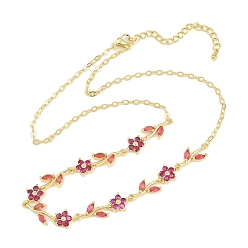 Violet Brass Pave Cubic Zirconia Flower Link Chain Necklaces, Cadmium Free & Lead Free, Rack Plating, Long-Lasting Plated, Real 18K Gold Plated, Violet, 17.28 inch(43.9cm)