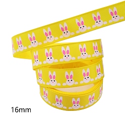 Gold Easter Theme Polyester Grosgrain Ribbons, Printed Rabbit Pattern, Gold, 5/8 inch(16mm), 10 yards/roll