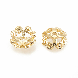 Real 18K Gold Plated Brass Bead Caps, Flower, 4-Petal, Hollow, Nickel Free, Real 18K Gold Plated, 7.5x7.5x2.5mm, Hole: 1mm