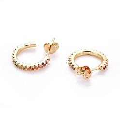 Real 18K Gold Plated Brass Micro Pave Cubic Zirconia Stud Earrings, Half Hoop Earrings, with Brass Ear Nuts, Ring, Colorful, Real 18K Gold Plated, 15x2mm, Pin: 0.7mm